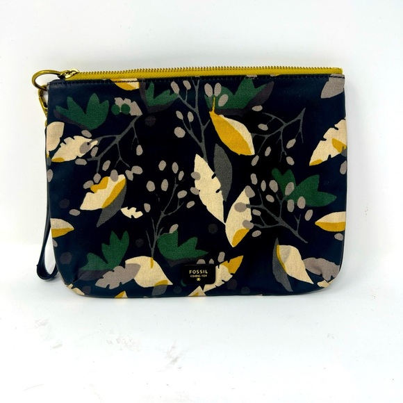 Fossil Leaf Design Coated Canvas Black Clutch/Pouch With Detachable Wristband - Picture 1 of 10